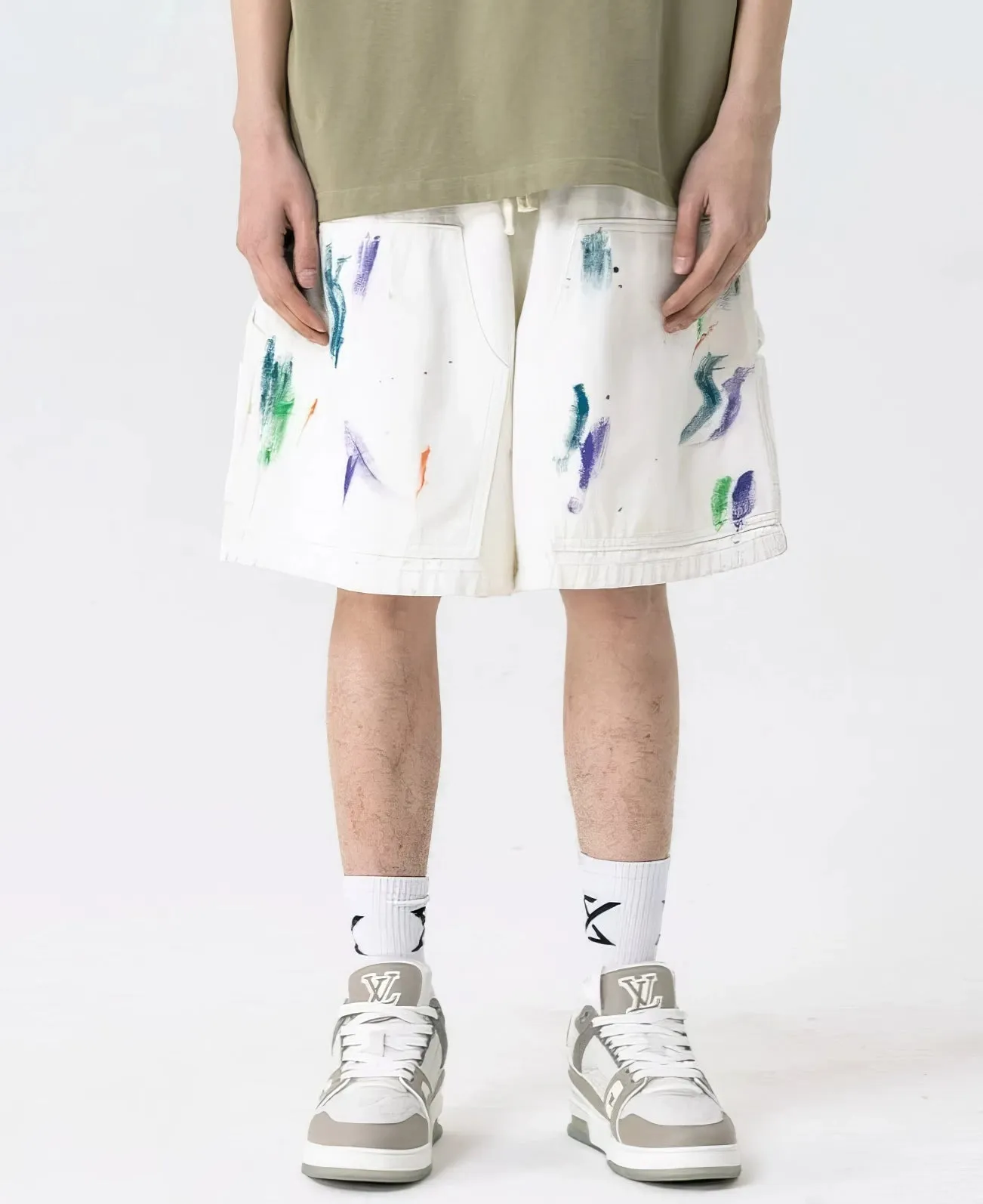 Abstract Print Ink-Splash Elastic Waist Shorts