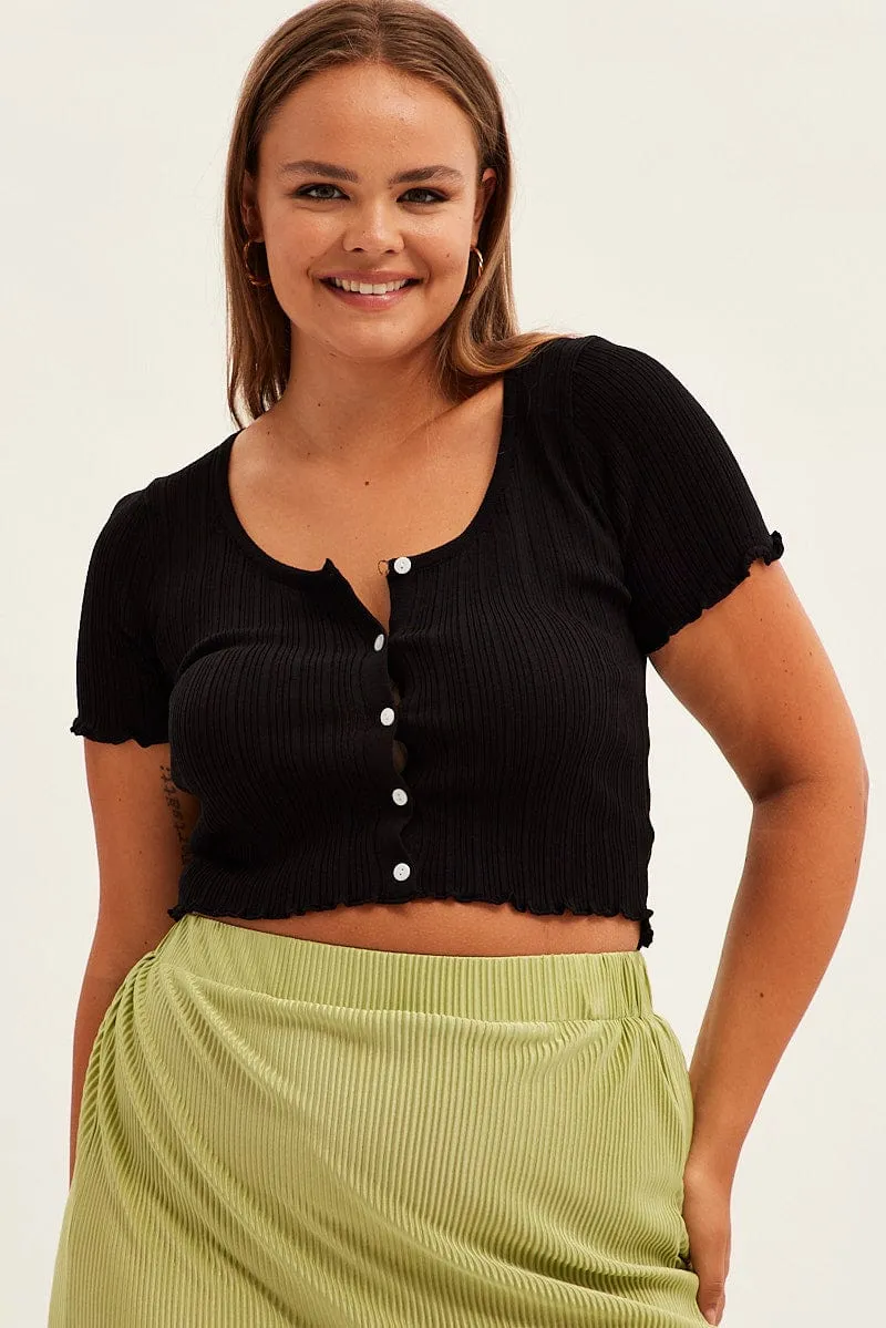 Black Crop Knit Top Scoop Neck Short Sleeve