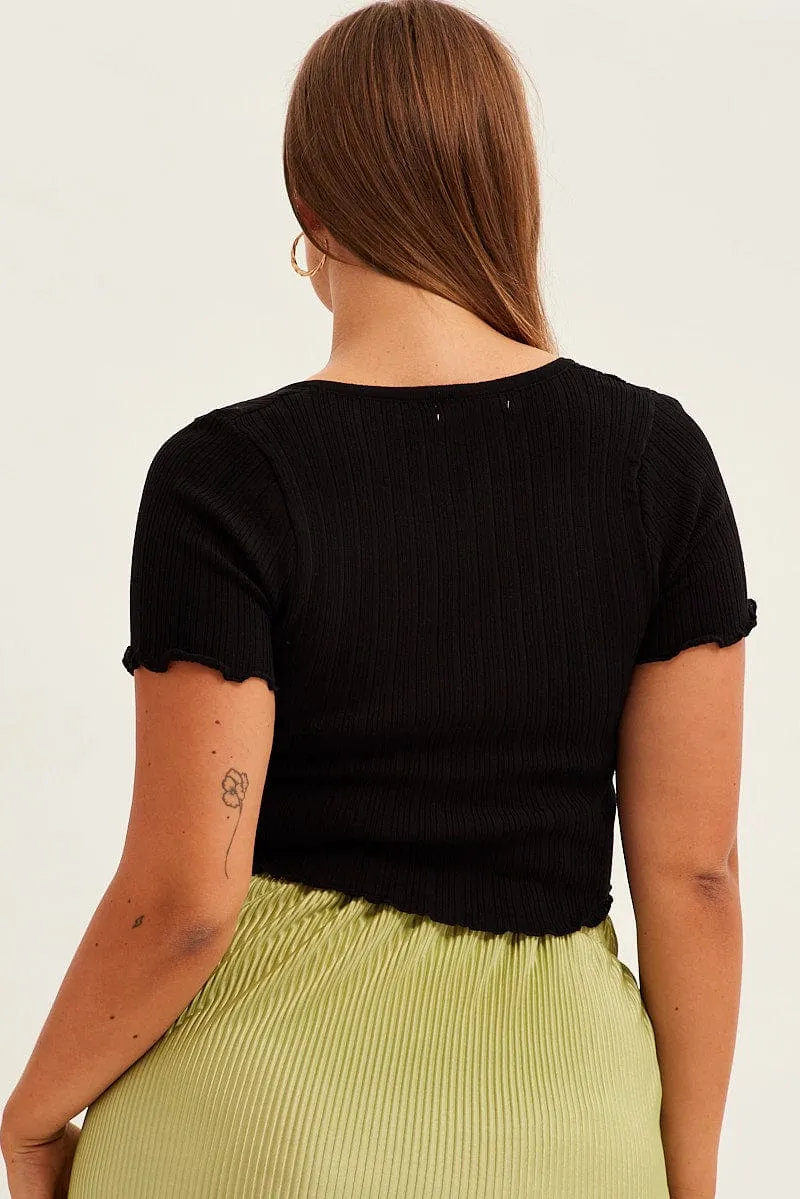 Black Crop Knit Top Scoop Neck Short Sleeve