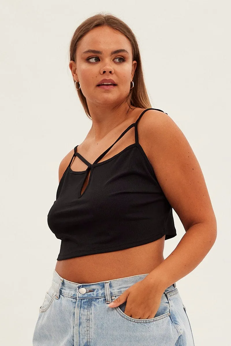 Black Crop Singlet Sleeveless Strappy Cross Front Jersey