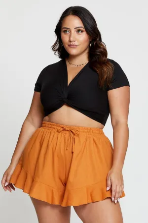 Black Crop T-shirt Twist Front Short Sleeve