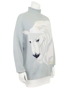 Blue and White Roll Neck Sweater with White Horse