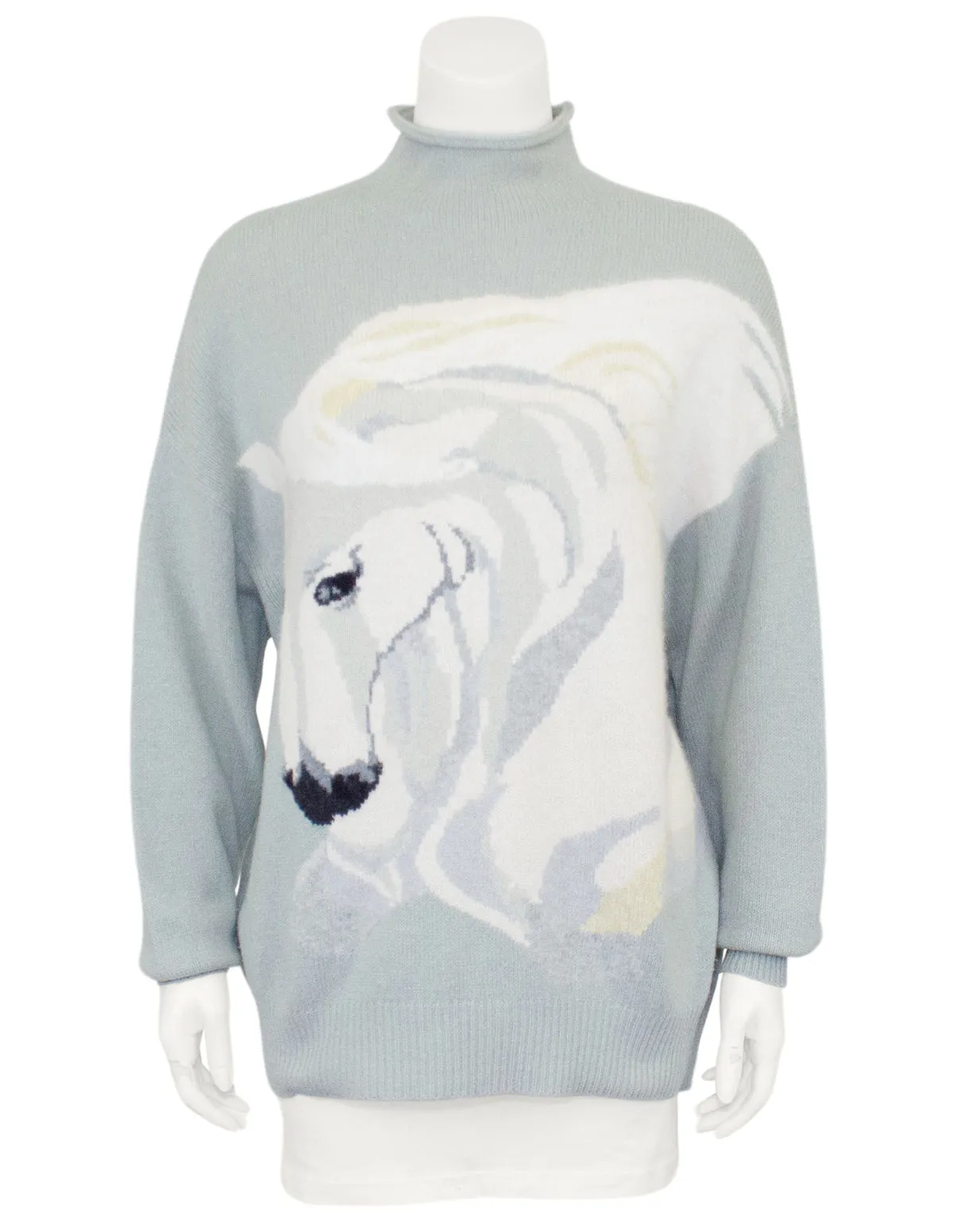 Blue and White Roll Neck Sweater with White Horse