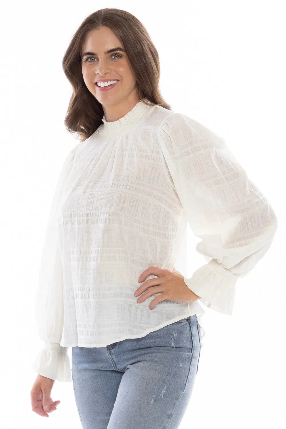 Camino White Textured High Neck LS Top