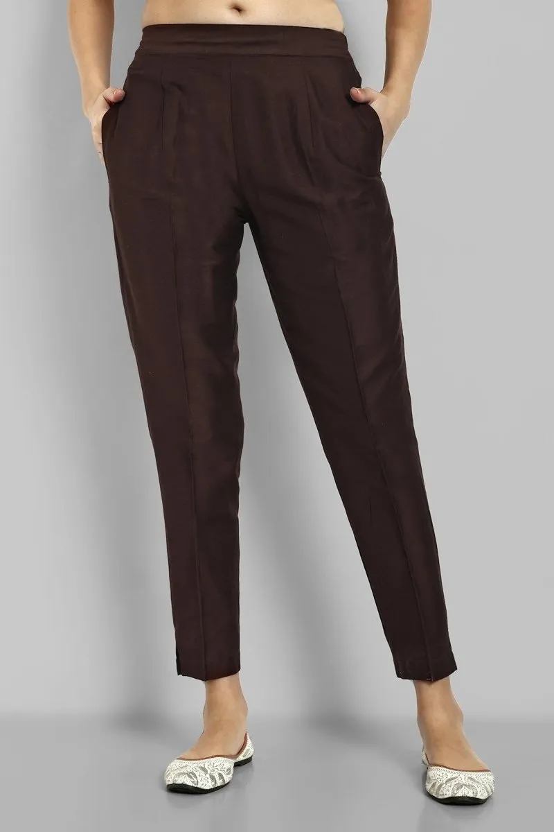 Choclate Brown Straight Cotton Silk Pant with Pockets