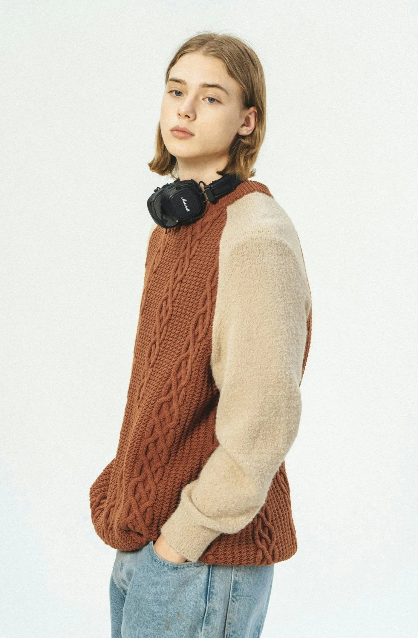 Color Block Cable Knit Crewneck Sweater