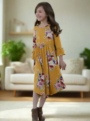 Girls Yellow Floral Maxi Dress, Mommy and Me Dress, Size 4/5/6/7, Yellow