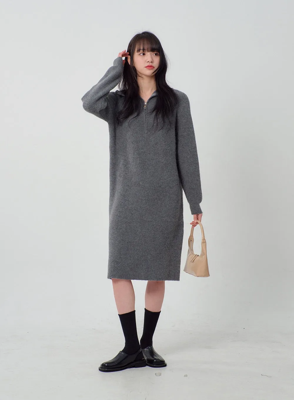 Half Zip-Up Midi Knit Dress OJ317