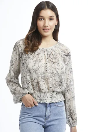 Melbourne Ivory Sketch Pleat Neck LS Top