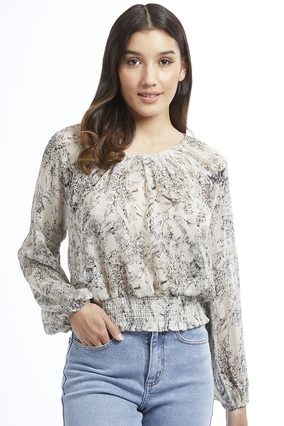 Melbourne Ivory Sketch Pleat Neck LS Top