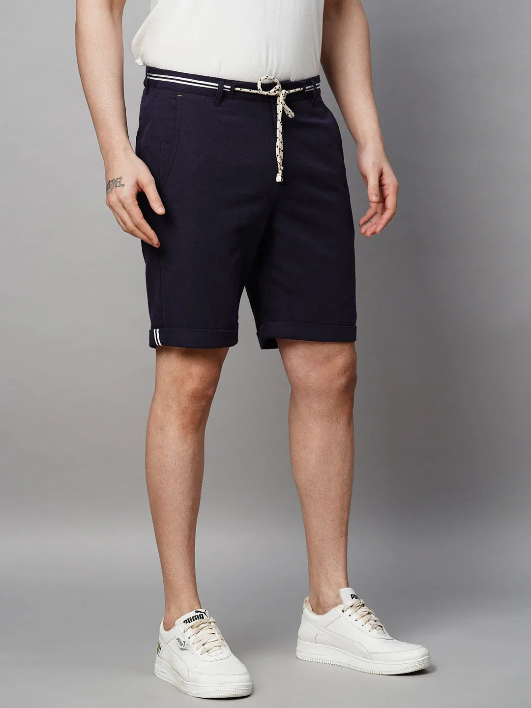 Men's Indigo Cotton Linen Regular Fit Shorts