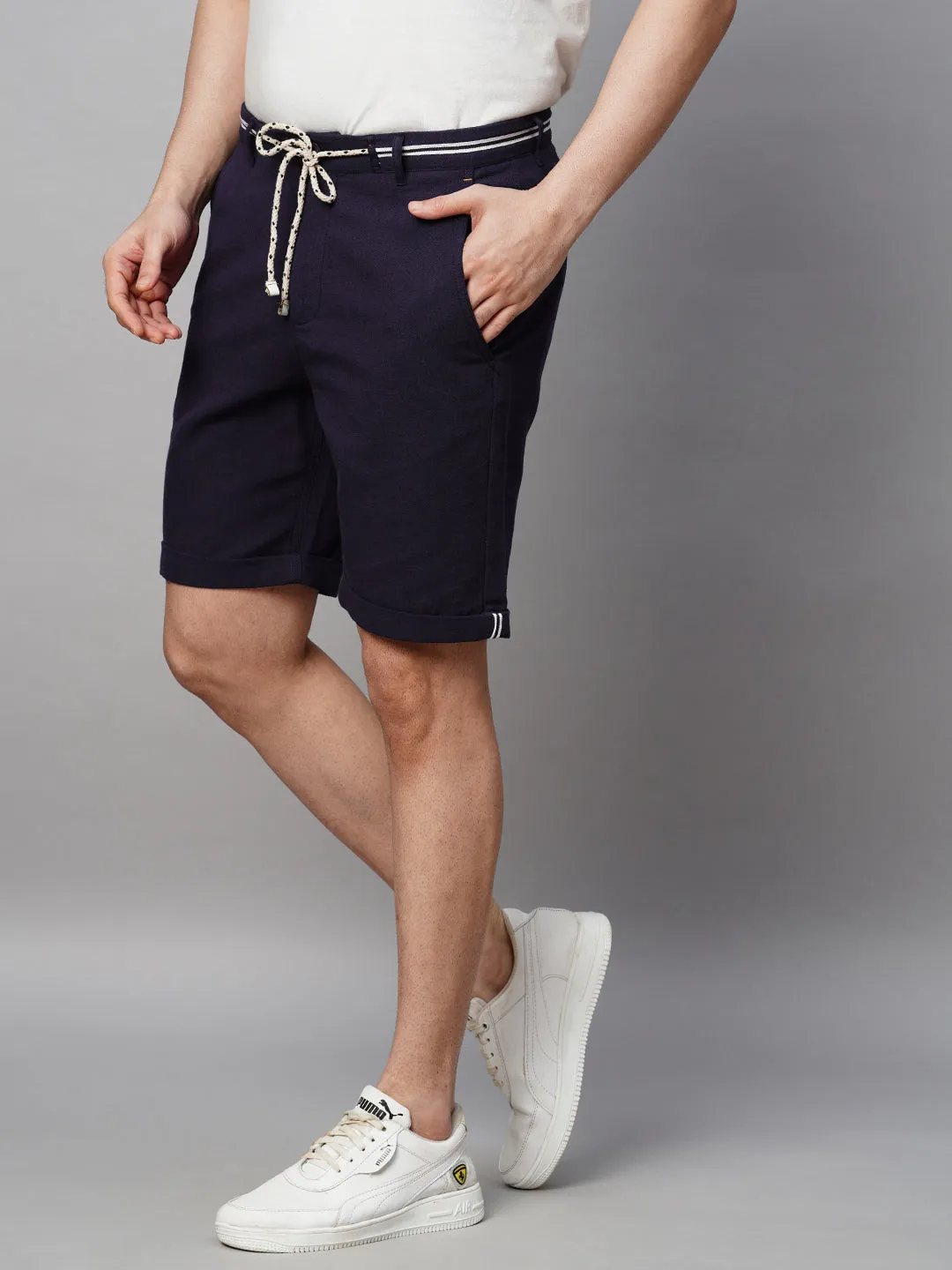 Men's Indigo Cotton Linen Regular Fit Shorts