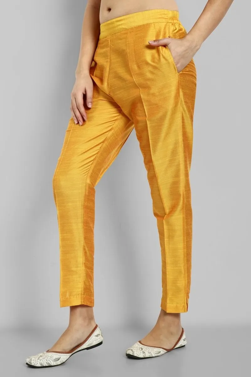 Mustard Straight Cotton Silk Pant with Pockets