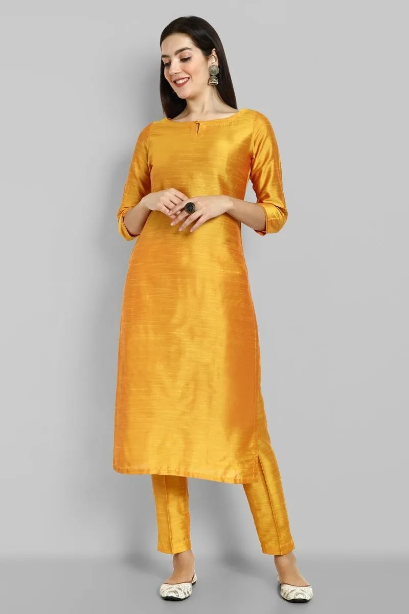 Mustard Straight Cotton Silk Pant with Pockets