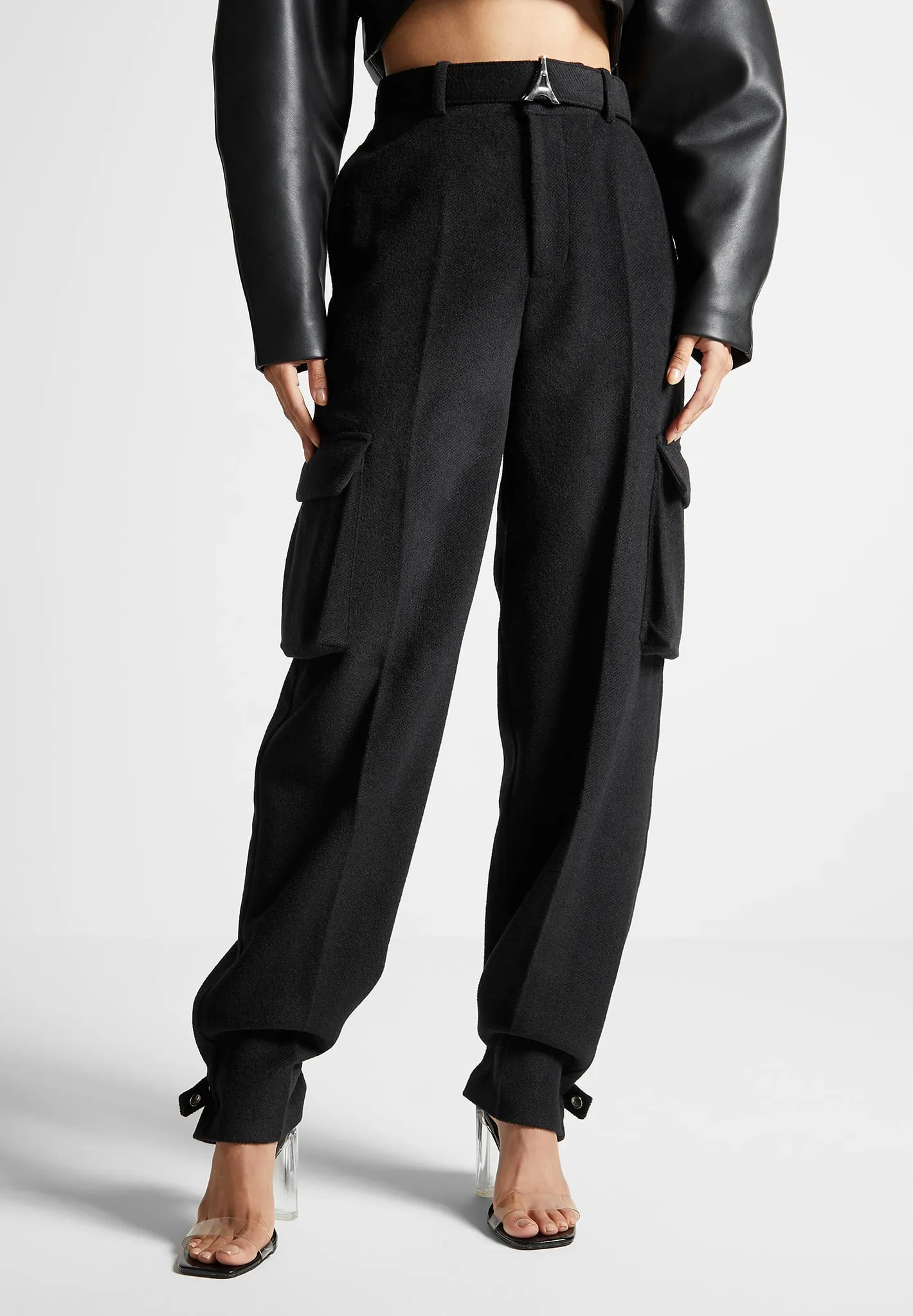 Wool Tailored Cargo Trousers - Black